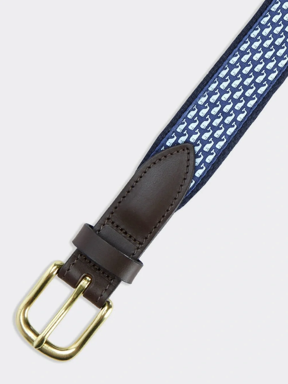 Vineyard Vines Navy Whale-Print Webbing Belt with Brown Leather Trim Size 30